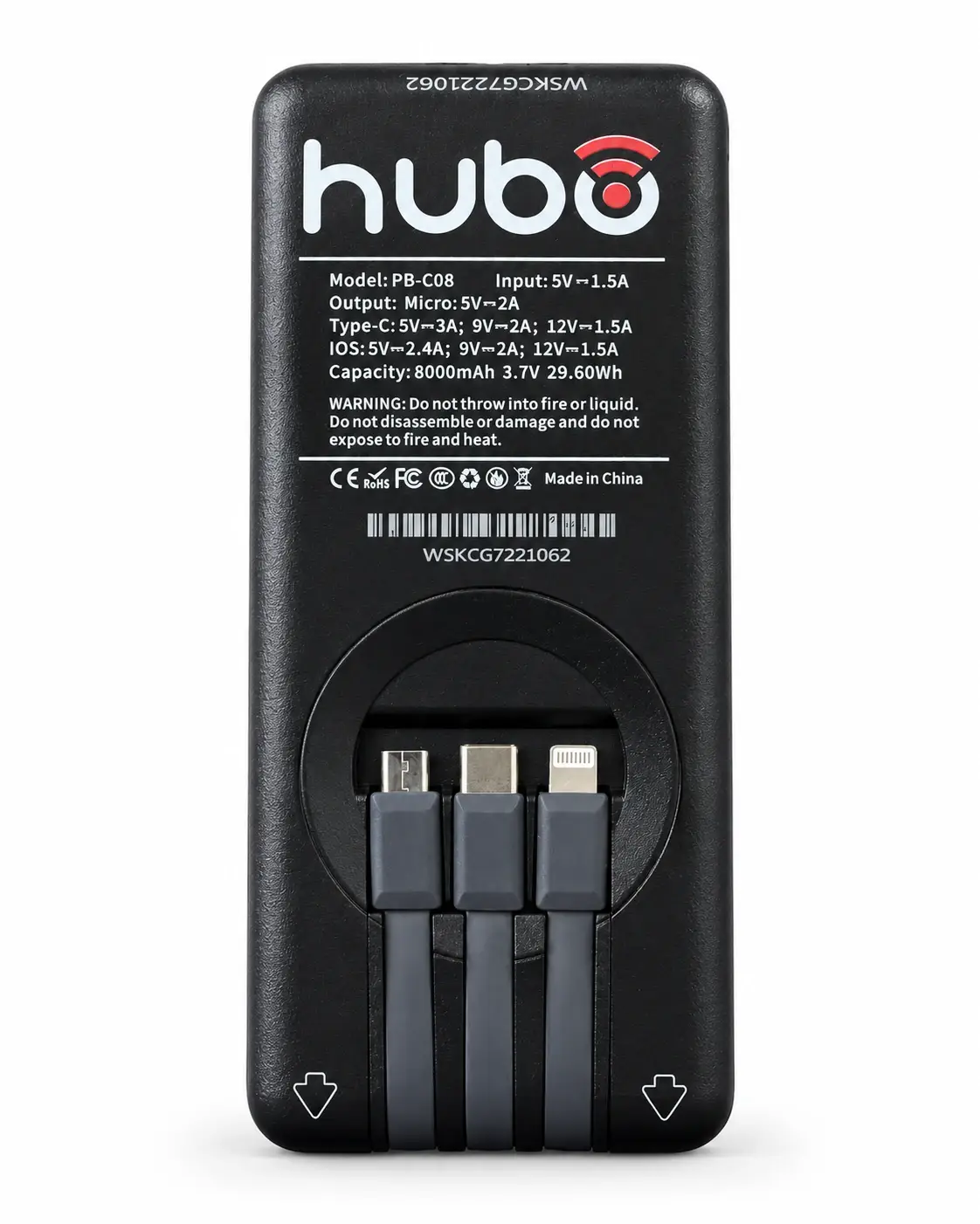 Гърбът на батерията huboGO с вградени кабели USB-C, Lightning и Micro-USB